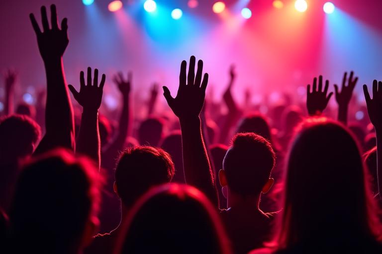 Orang ramai bertepuk tangan di sebuah konsert.