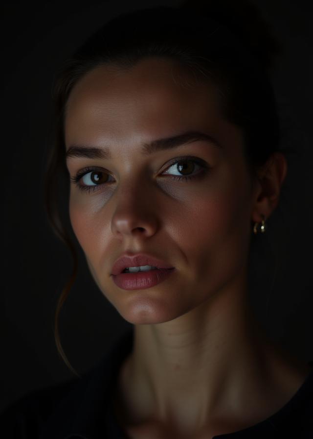 Potret close-up seorang model wanita dengan pencahayaan dramatik.