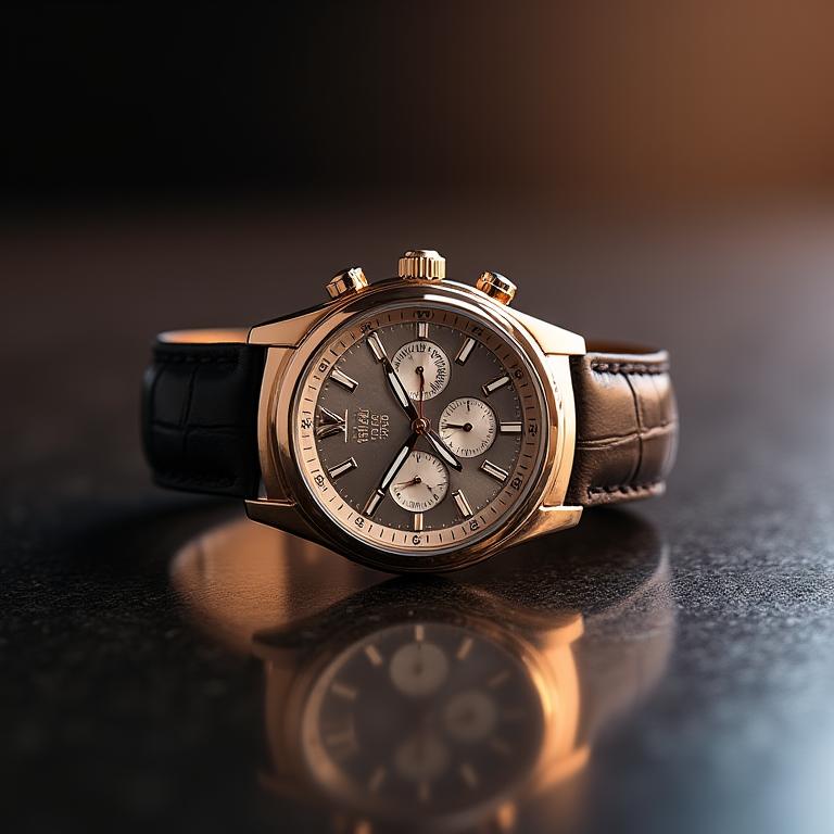 Gambar jam tangan mewah di atas permukaan reflektif.