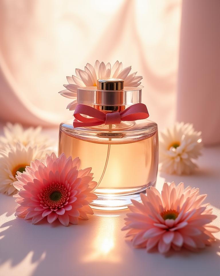 Botol minyak wangi yang dihias dengan bunga.