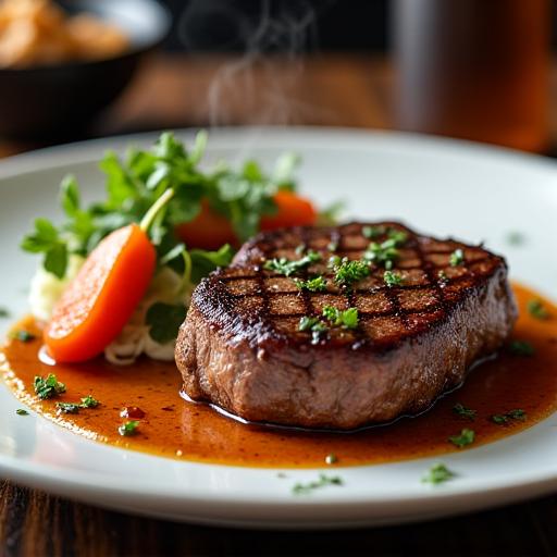 Hidangan steak yang lazat dihias dengan teliti untuk fotografi makanan.
